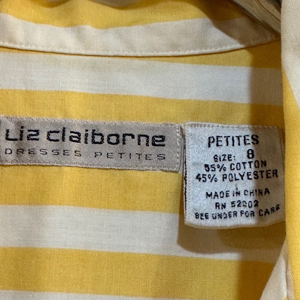 Vtg‎ Liz Claiborne Vintage Yellow White Striped Dress Petite 8 Button Front Midi - Picture 6 of 12